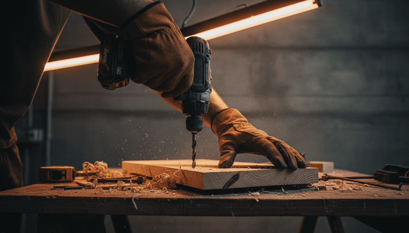 Carpenter's hands operating drill on wooden framing during property renovation